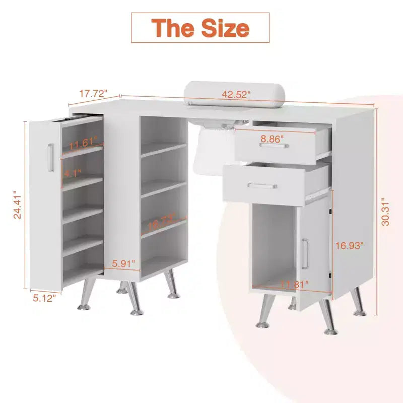 Table de manucure GustoWave de 42,5 po avec repose-poignet et aspirateur de poussière, bureau à ongles avec casier coulissant vertical, blanc