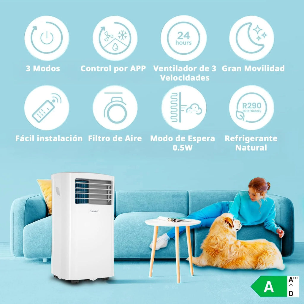 COMFEE Climatiseur mobile 8000 BTU / 2000 frigories – Sans unité extérieure – Silencieux et basse consommation avec kit fenêtre | 3-en-1 : refroidit, ventile et déshumidifie