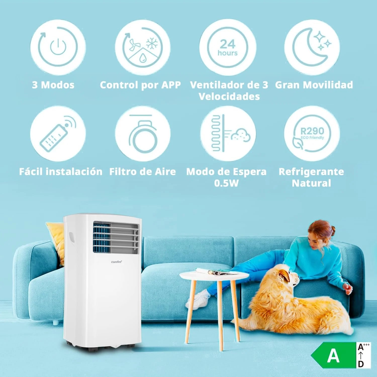 COMFEE Climatiseur mobile 8000 BTU / 2000 frigories – Sans unité extérieure – Silencieux et basse consommation avec kit fenêtre | 3-en-1 : refroidit, ventile et déshumidifie