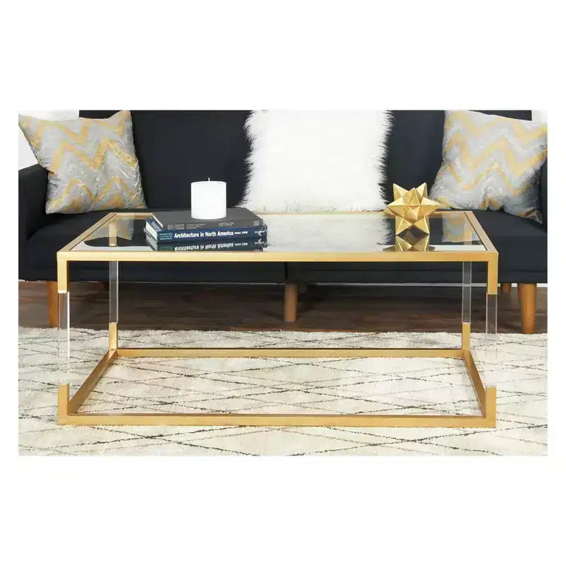 Table basse en métal et verre doré - Olivia & May : Cadre en fer élégant, aucun assemblage requis, design contemporain