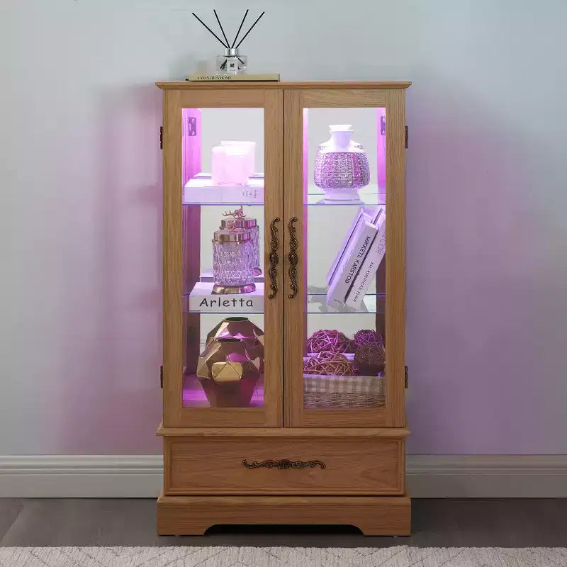 Vitrine en verre éclairée avec étagères réglables - Vitrine élégante à 2 portes et tiroir intégré, ampoule incluse
