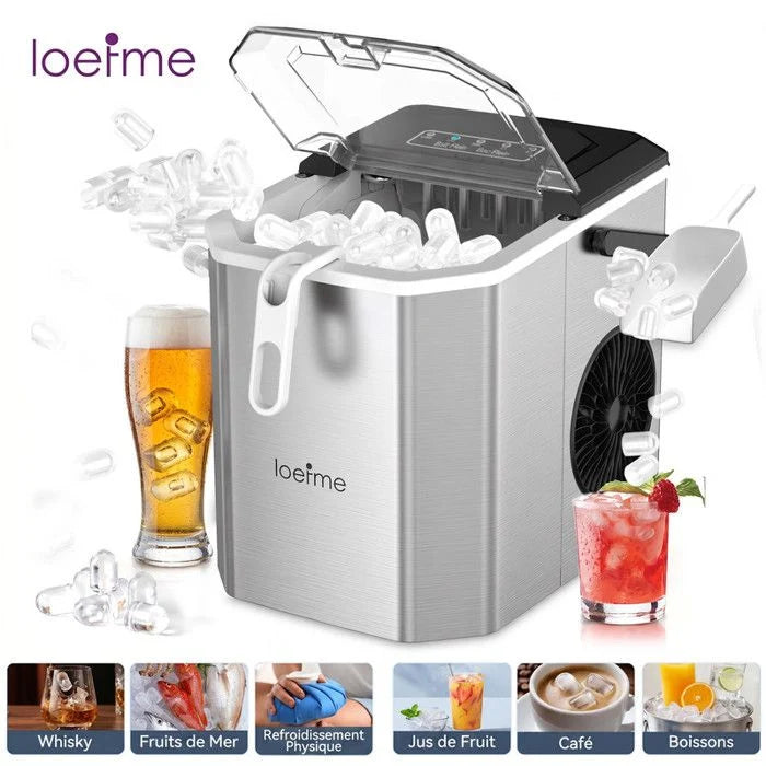 LOEFME Machine à glaçons 1.2L-9 Glaçons en 6 min 12kg/24h- autonettoyante silencieuse, deux tailles de glace，Avec support