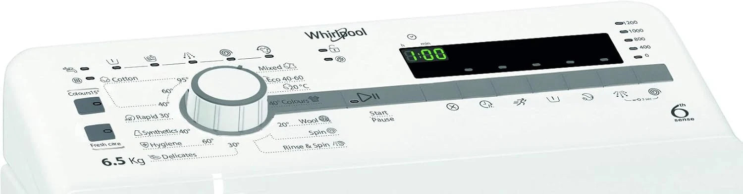 Whirlpool TDLR 65230SS EU/N – Lave-linge top 6,5 kg, 1 200 tr/min, technologie 6th Sense et FreshCare, blanc, classe énergétique NEL D