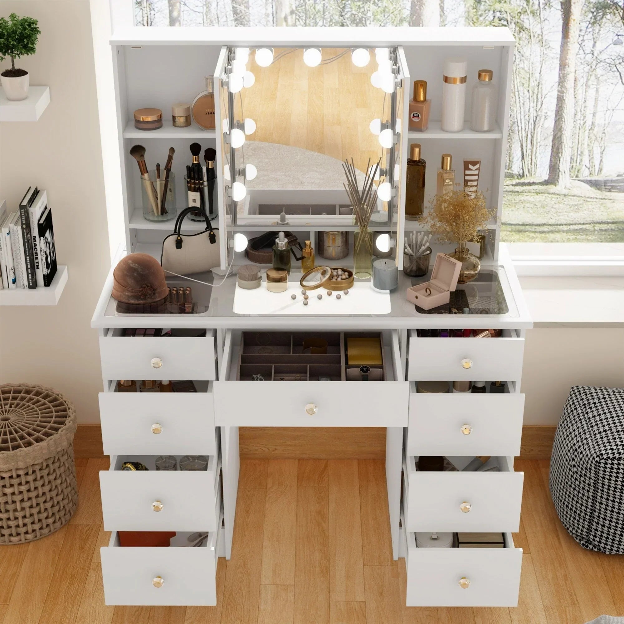 Coiffeuse avec miroir triptyque éclairage certifié et plateau en verre