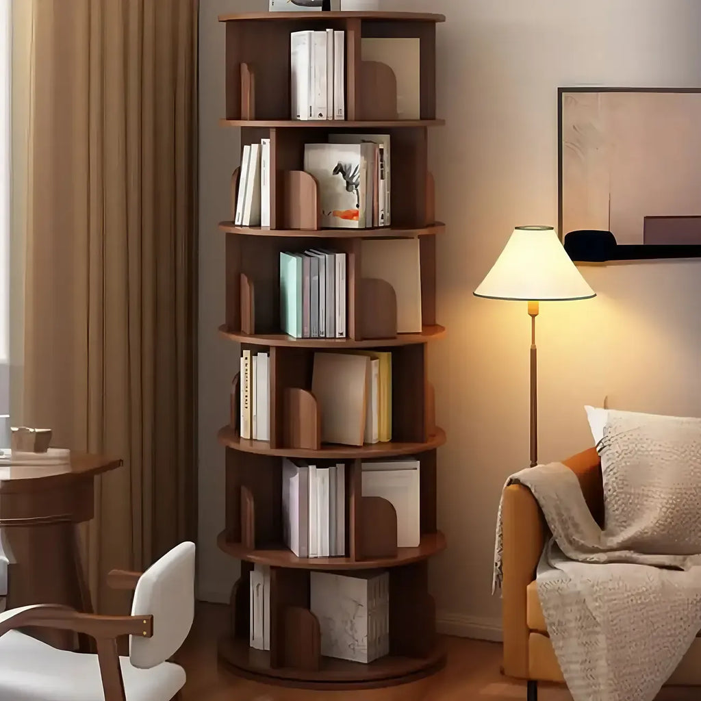 Bibliothèque cylindrique en bois brun à dos ouvert et rotative