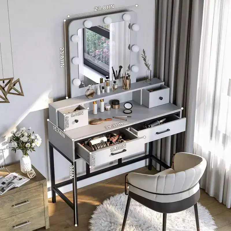 Coiffeuse avec miroir lumineux, table de maquillage Hollywood 3 couleurs dimmable avec 4 tiroirs