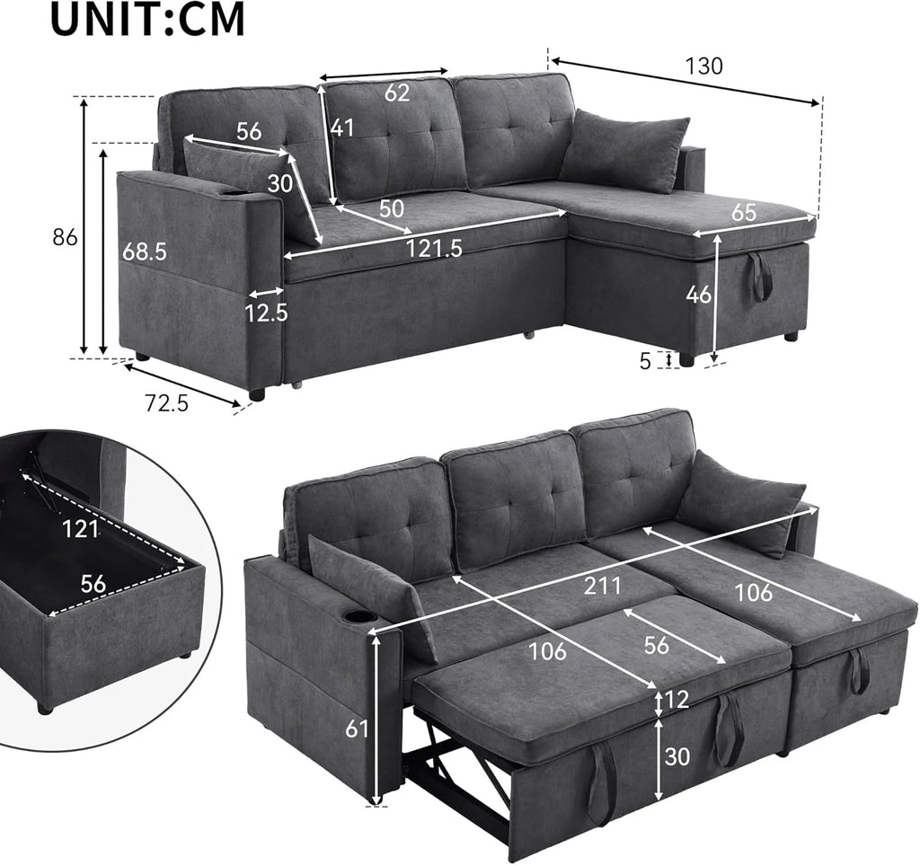Canapé convertible 3 places avec porte-gobelets et poche latérale, canapé d’angle en L avec méridienne réversible droite/gauche, gris