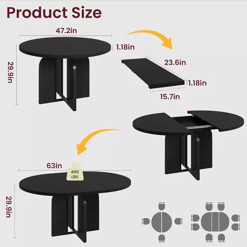 Table à manger ronde extensible 47-63 pour 4-8 personnes, table de cuisine extensible en bois de style ferme avec cadre métallique, ovale peu encombrante pour appartement, gris rétro