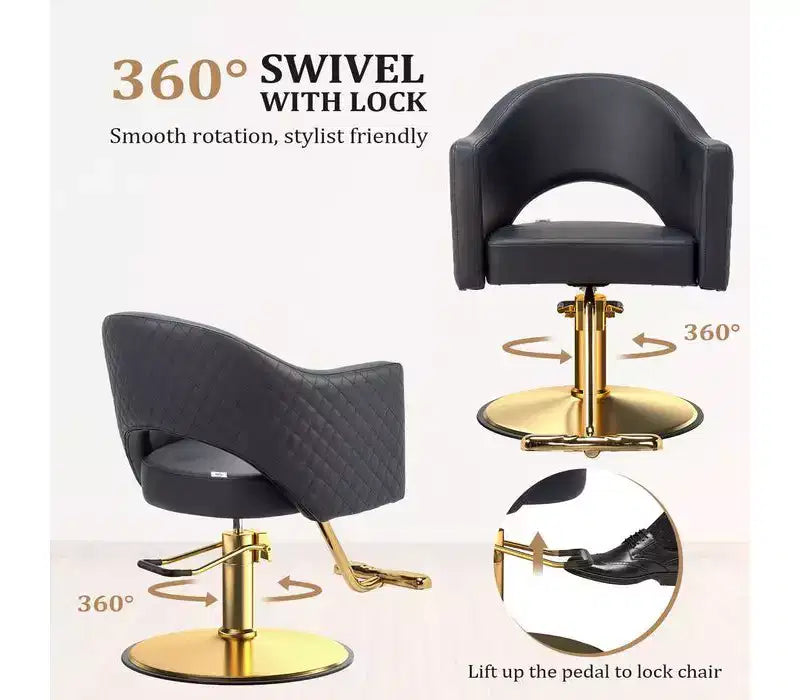 Chaise de coiffure pivotante Karl Home noire robuste à 360° avec dossier à motif losanges et repose-pieds doré