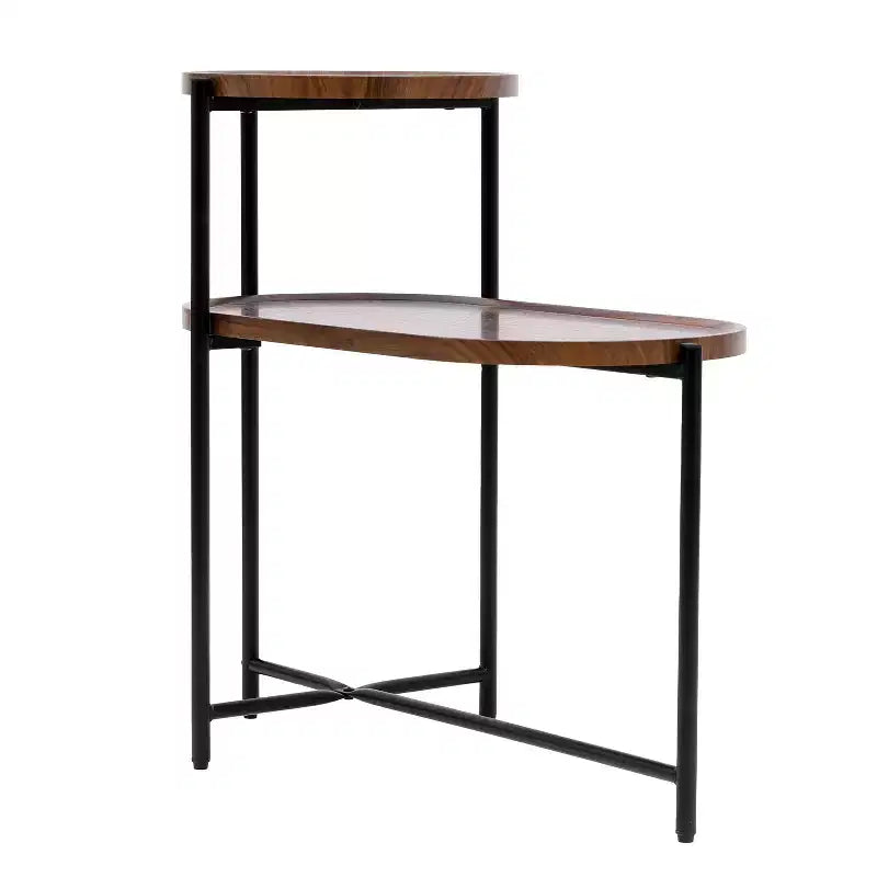 Petite table basse à 2 niveaux Noyer Marron, Étagère de rangement en bois Cadre en métal Table d'appoint pour canapé de salon