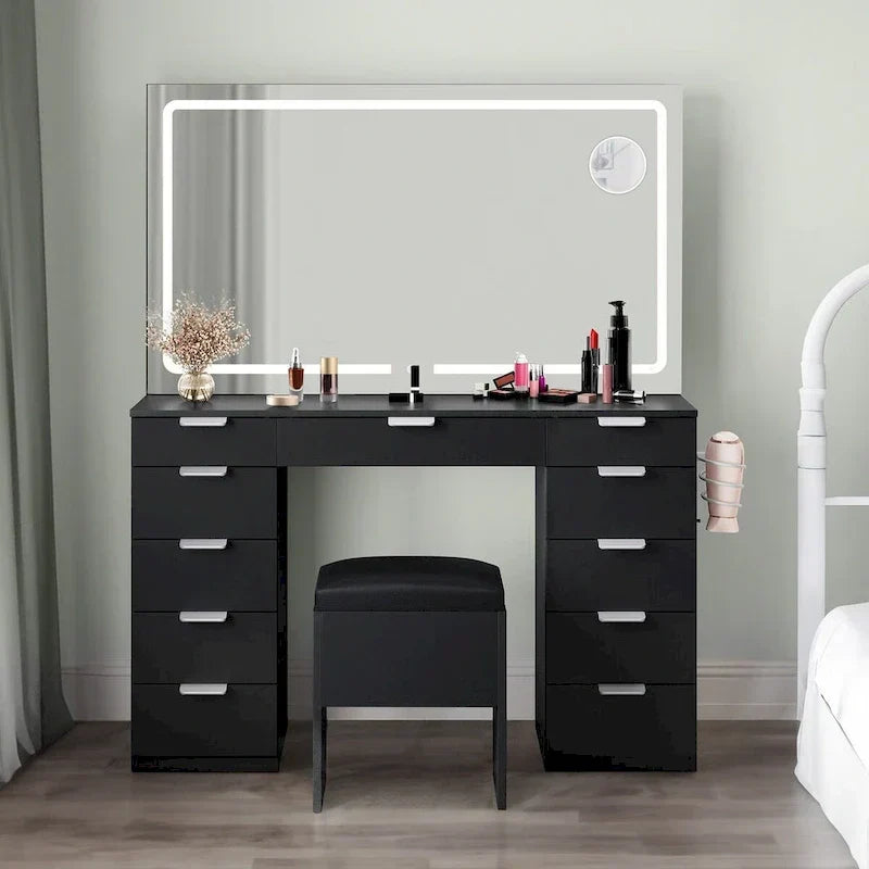 Moasis 46 Coiffeuse avec prise intégrée, miroir éclairé et support pour sèche-cheveux – 55,8 H x 46 L x 11,7 P