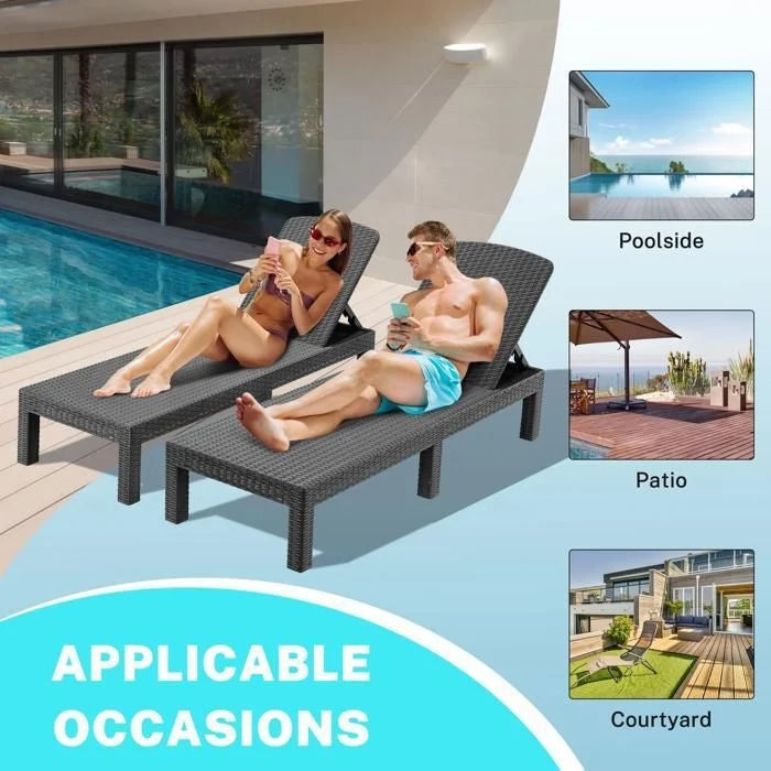 Bain de soleil -Chaise longue de jardin avec coussin gris, inclinable multi-positions,, pour piscine, terrasse et extérieur