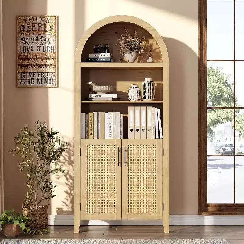 Étagère ouverte à 5 niveaux avec décor en rotin, armoire de rangement de style ferme, armoire de rangement de cuisine arquée, pour la maison, le bureau, le salon