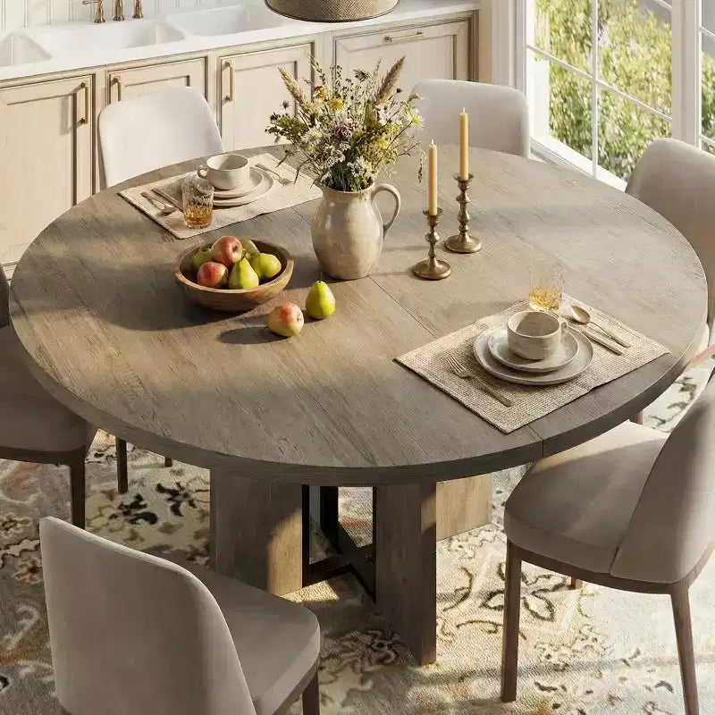Table à manger ronde extensible 47-63 pour 4-8 personnes, table de cuisine extensible en bois de style ferme avec cadre métallique, ovale peu encombrante pour appartement, gris rétro