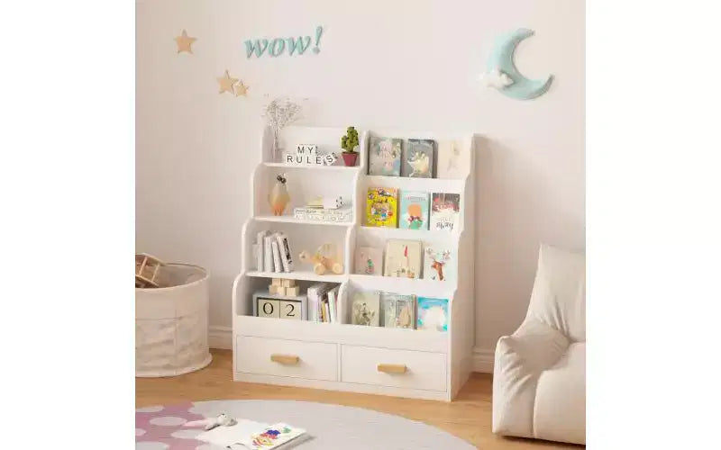 Étagère à livres pour enfants avec 2 tiroirs de rangement, bibliothèque frontale et organisateur de jouets, blanc