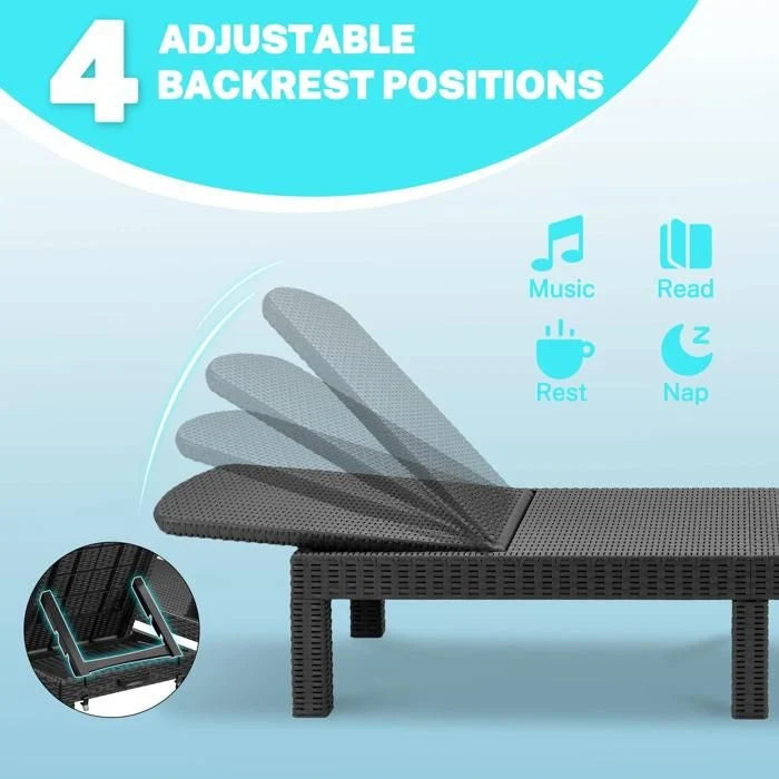 Bain de soleil -Chaise longue de jardin avec coussin gris, inclinable multi-positions,, pour piscine, terrasse et extérieur